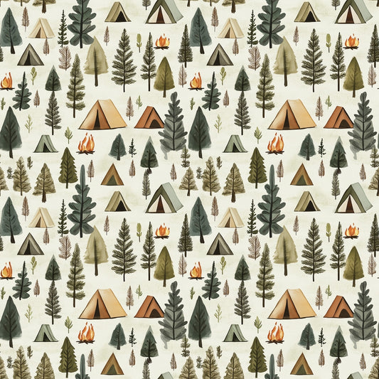 Patterned image featuring illustrated tents, campfires, and trees in various shades of green and brown, arranged on a light background.