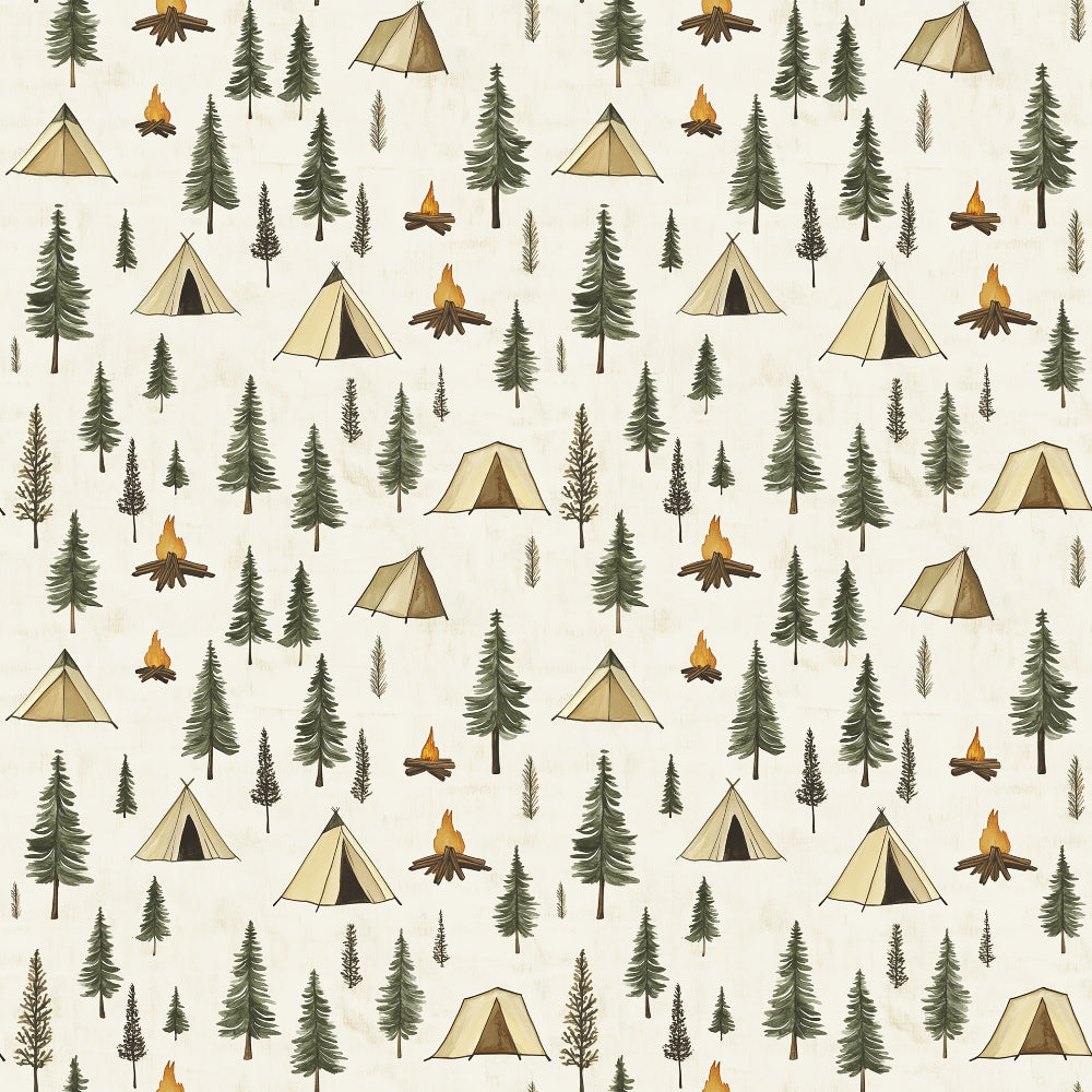 camping pattern, forest scene, pine trees, evergreen trees, beige tents, campfire, orange flames, cream background, outdoor adventure, wilderness theme, nature motif, quilting cotton, fabric panel, camping gear, woodland design, rustic style, earth tones, green trees, brown logs, scattered pattern
