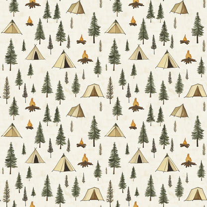camping pattern, forest scene, pine trees, evergreen trees, beige tents, campfire, orange flames, cream background, outdoor adventure, wilderness theme, nature motif, quilting cotton, fabric panel, camping gear, woodland design, rustic style, earth tones, green trees, brown logs, scattered pattern