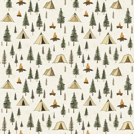 camping pattern, forest scene, pine trees, evergreen trees, beige tents, campfire, orange flames, cream background, outdoor adventure, wilderness theme, nature motif, quilting cotton, fabric panel, camping gear, woodland design, rustic style, earth tones, green trees, brown logs, scattered pattern