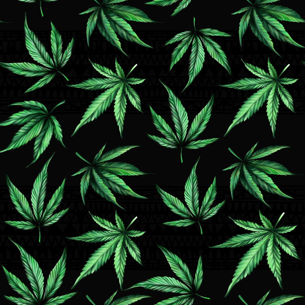 Green cannabis leaves pattern on a black background.