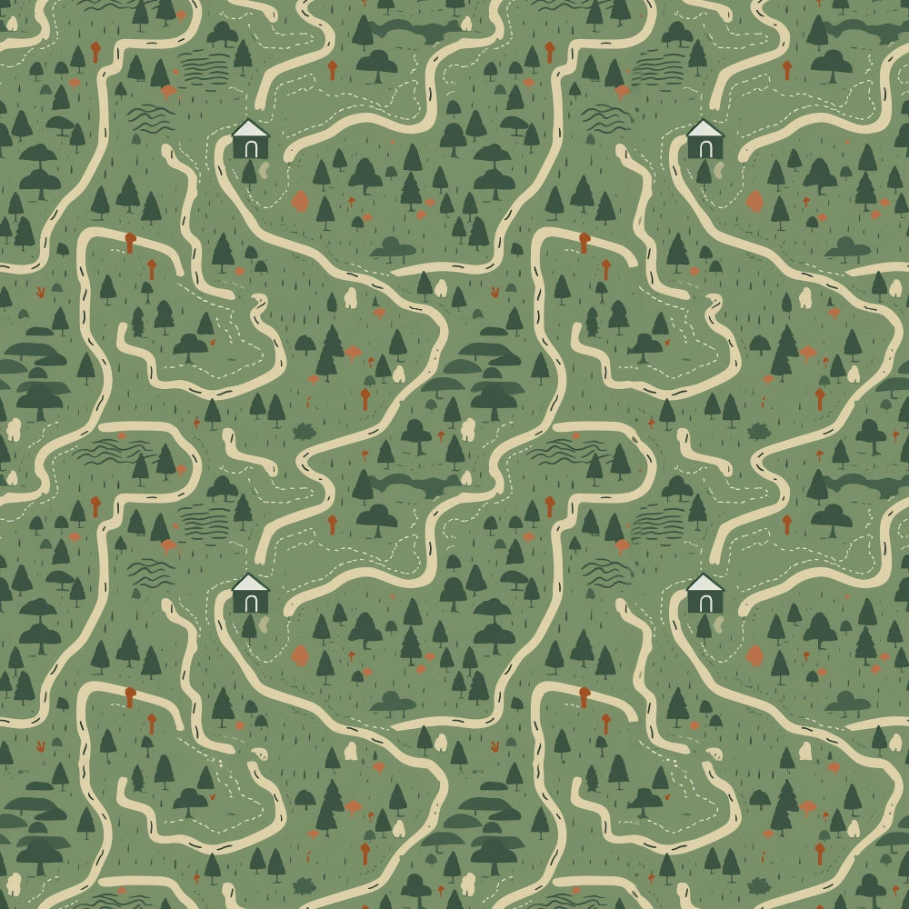 A seamless pattern of winding paths through a forest landscape, featuring scattered trees, small houses, and subtle topographical lines on a green background.