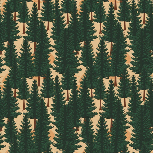 forest green, beige, brown, evergreen trees, pine trees, coniferous forest, woodland pattern, camping theme, outdoor adventure, nature motif, seamless repeat, quilting cotton, fabric panel, rustic style, wilderness design, tree silhouettes, earth tones, natural colors, outdoor enthusiast, forestry pattern