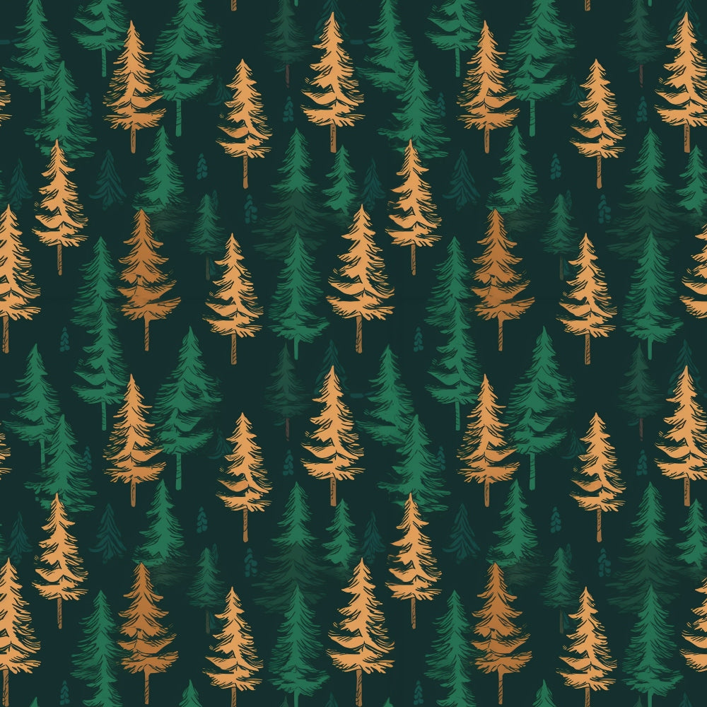 Pattern of alternating green and orange evergreen trees on a dark background.