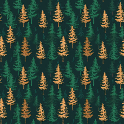 Pattern of alternating green and orange evergreen trees on a dark background.