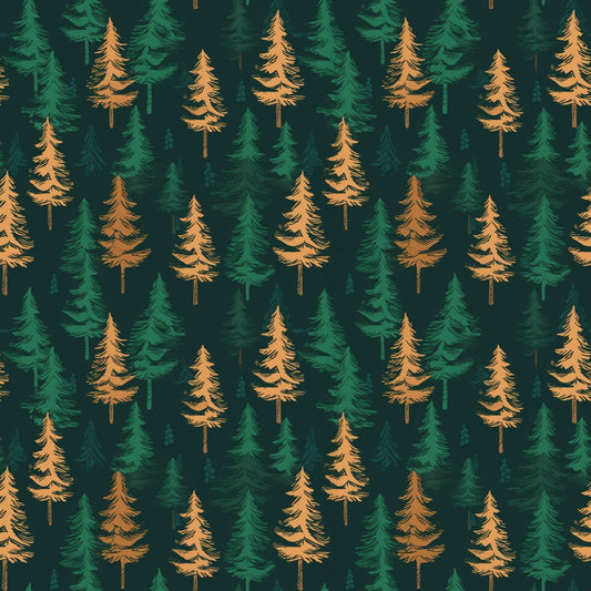 Pattern of alternating green and orange evergreen trees on a dark background.