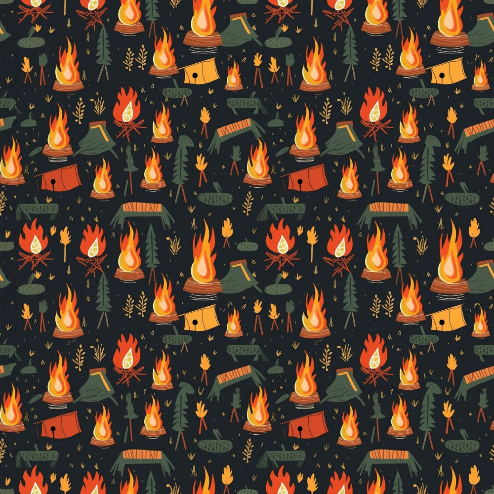 Pattern featuring campfires, tents, logs, and pine trees on a dark background.