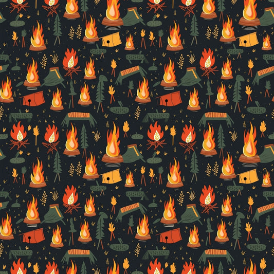 Pattern featuring campfires, tents, logs, and pine trees on a dark background.