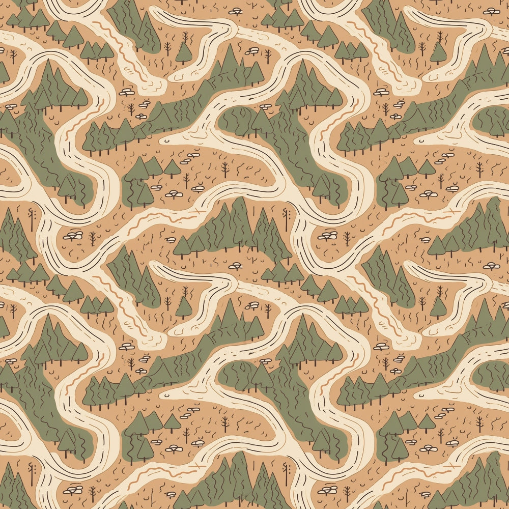 Illustrated map pattern with winding roads, green trees, hills, and beige background.