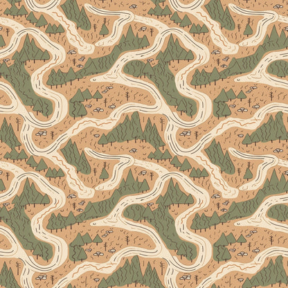 Illustrated map pattern with winding roads, green trees, hills, and beige background.