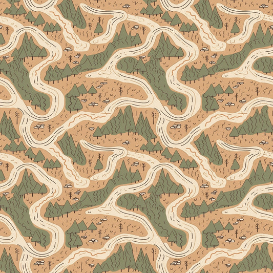 Illustrated map pattern with winding roads, green trees, hills, and beige background.