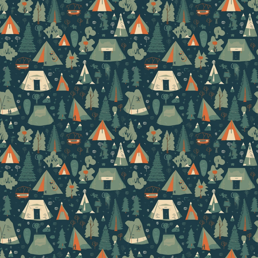 Pattern of illustrated camping scenes with tents, trees, and campfires in muted green and orange tones on a dark background.