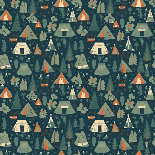 Pattern of illustrated camping scenes with tents, trees, and campfires in muted green and orange tones on a dark background.