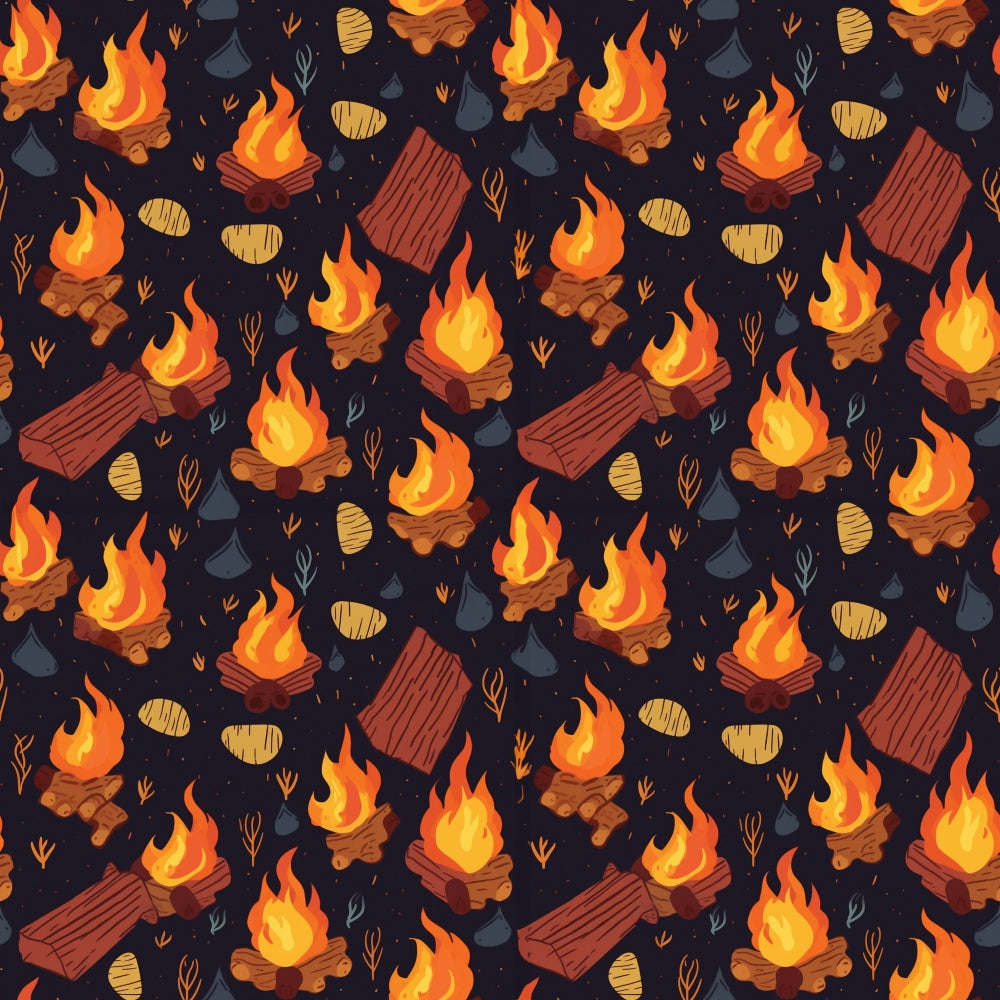 Seamless pattern with campfires, logs, rocks, and leaves on a dark background. The repeated elements create a warm, rustic outdoor theme.