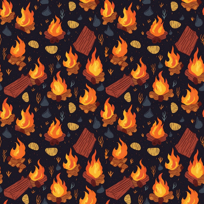 Seamless pattern with campfires, logs, rocks, and leaves on a dark background. The repeated elements create a warm, rustic outdoor theme.