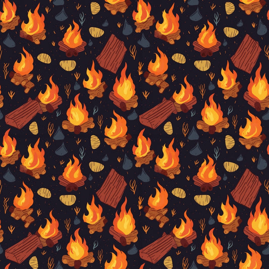 Seamless pattern with campfires, logs, rocks, and leaves on a dark background. The repeated elements create a warm, rustic outdoor theme.