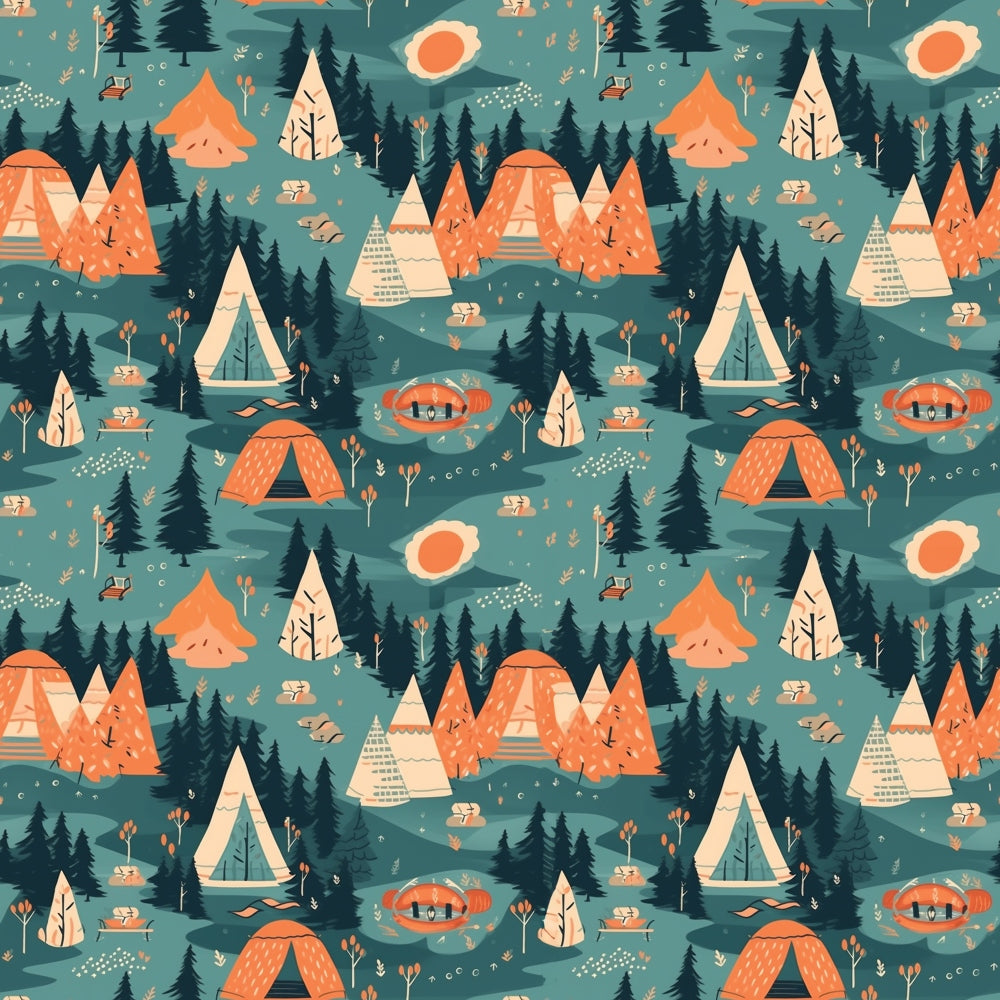 camping pattern, outdoor adventures, teepees, tents, evergreen trees, forest scene, orange accent color, teal background, cream details, nature motifs, camping gear, woodland design, geometric triangles, modern illustration style, quilting cotton, fabric panel, adventure theme, outdoor lifestyle, camping equipment, stylized graphics