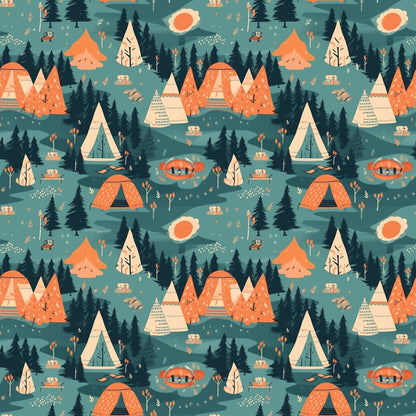 camping pattern, outdoor adventures, teepees, tents, evergreen trees, forest scene, orange accent color, teal background, cream details, nature motifs, camping gear, woodland design, geometric triangles, modern illustration style, quilting cotton, fabric panel, adventure theme, outdoor lifestyle, camping equipment, stylized graphics