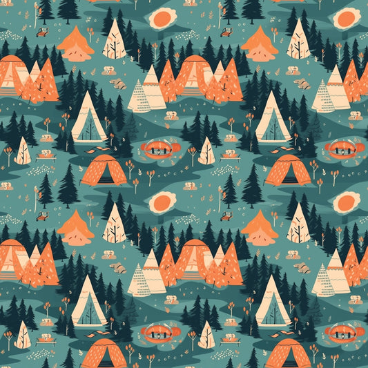 Illustrated camping scene with tents, trees, mountains, and campfires in a repeating pattern of orange, teal, and cream colors.