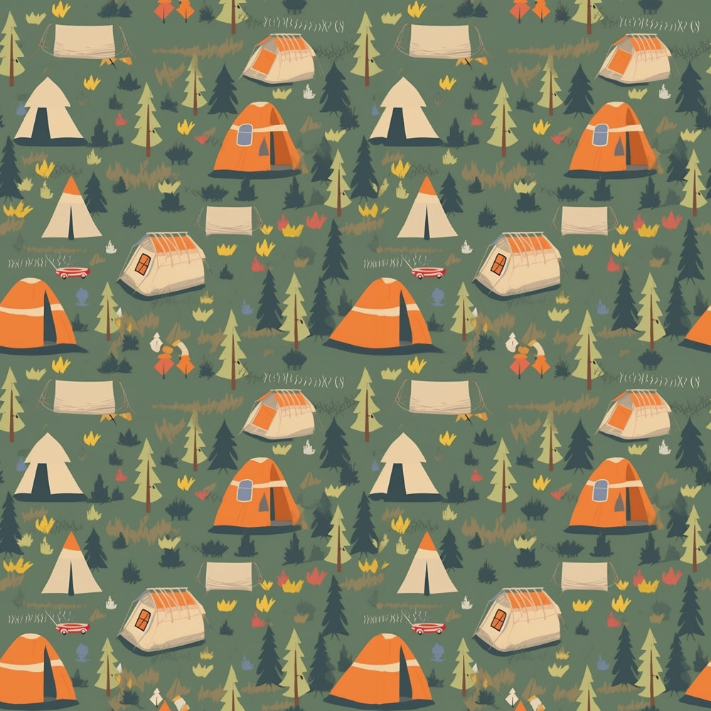 Illustrated camping pattern with tents, campfires, trees, and camping gear on a green background.