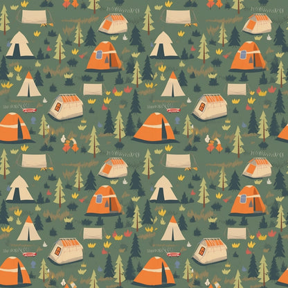 Illustrated camping pattern with tents, campfires, trees, and camping gear on a green background.