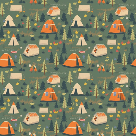 Illustrated camping pattern with tents, campfires, trees, and camping gear on a green background.