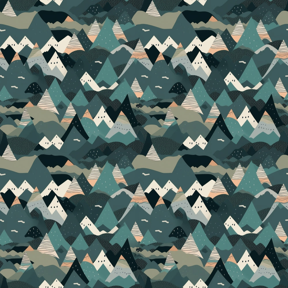 Abstract geometric pattern featuring stylized mountains in shades of teal, beige, and dark green, with repeated triangular shapes and simple, bold lines.