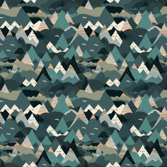 Abstract geometric pattern featuring stylized mountains in shades of teal, beige, and dark green, with repeated triangular shapes and simple, bold lines.