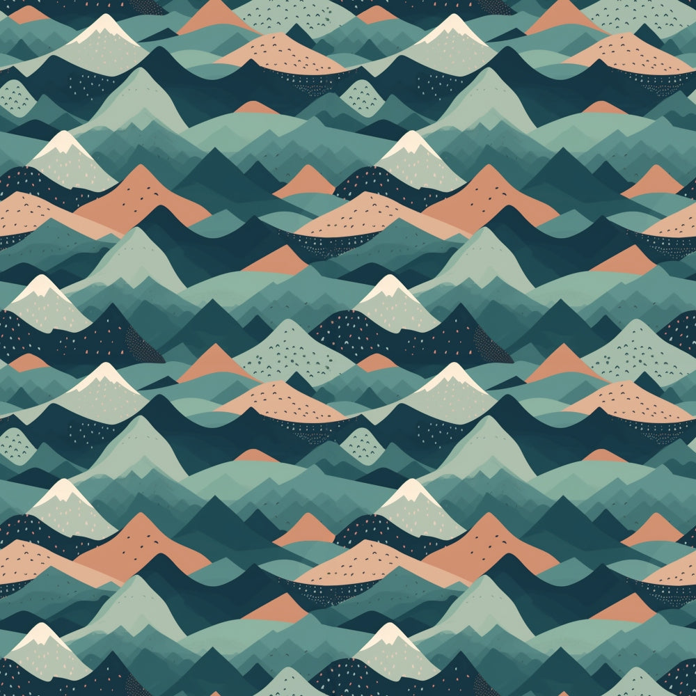 Illustrated pattern of stylized mountains in shades of teal, green, orange, and white, featuring repetitive peaks and geometric shapes.