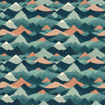 Illustrated pattern of stylized mountains in shades of teal, green, orange, and white, featuring repetitive peaks and geometric shapes.