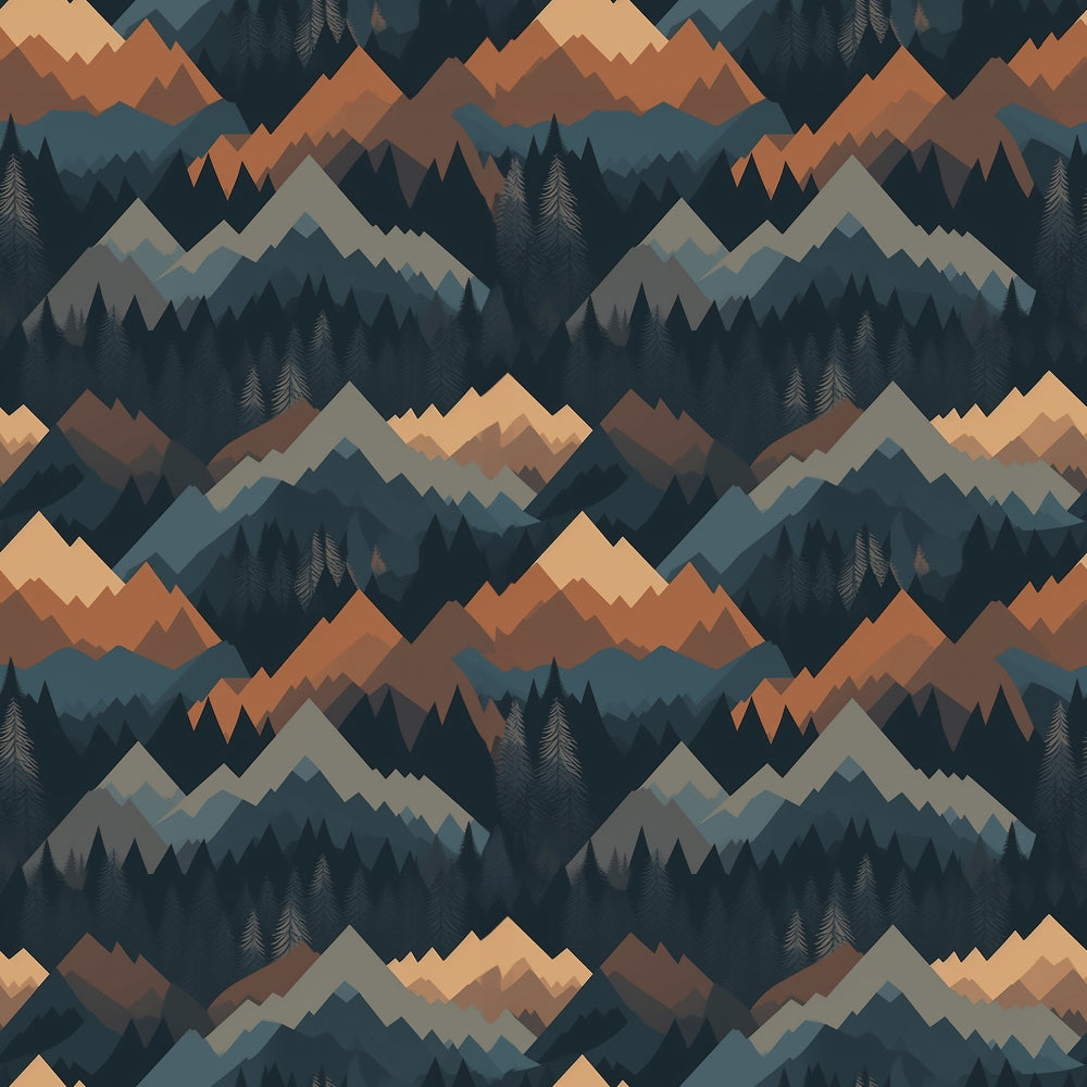 Geometric pattern of overlapping mountains in shades of orange, blue, and green, interspersed with tree shapes on a dark background.