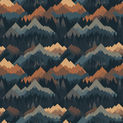 Geometric pattern of overlapping mountains in shades of orange, blue, and green, interspersed with tree shapes on a dark background.