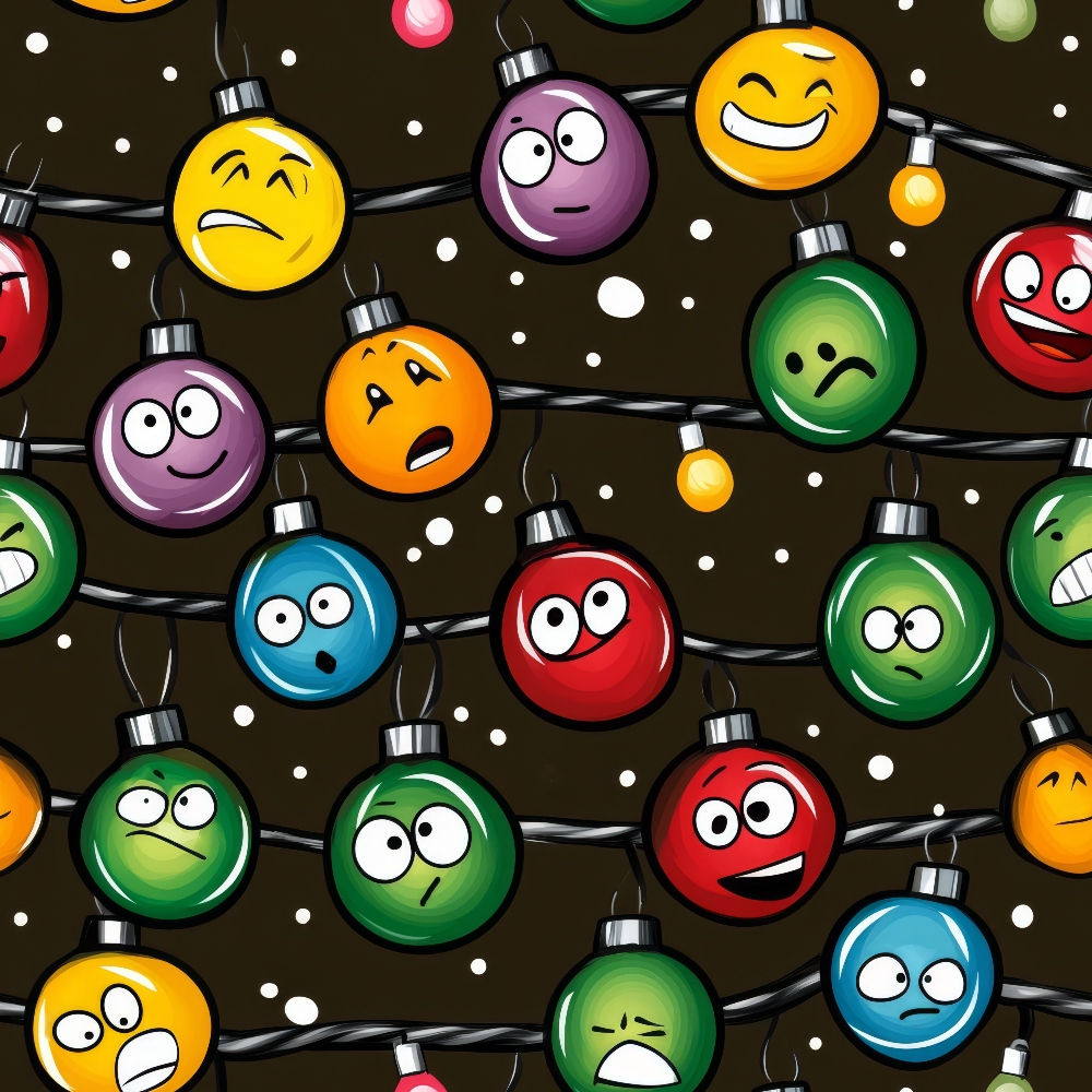 Cartoon Christmas ornaments with various facial expressions and colors, connected by string lights against a dark background with snowflakes.