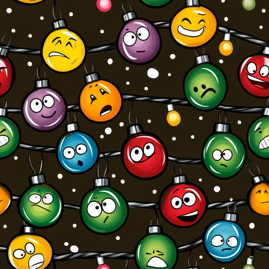 Cartoon Christmas ornaments with various facial expressions and colors, connected by string lights against a dark background with snowflakes.