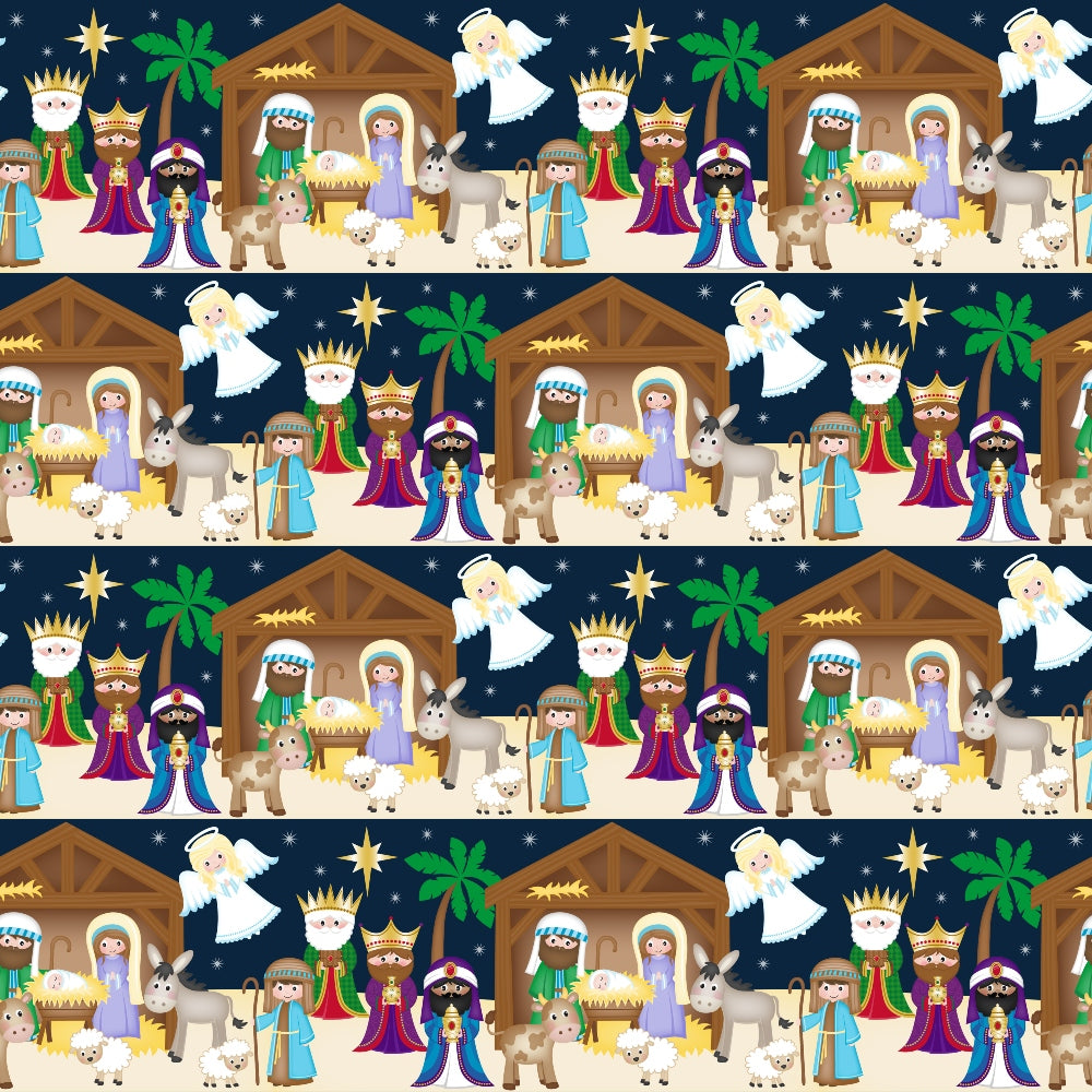 Pattern of cartoon nativity scenes showing Mary, Joseph, baby Jesus, angels, wise men, shepherds, animals, stable, palm trees, and a starry sky.