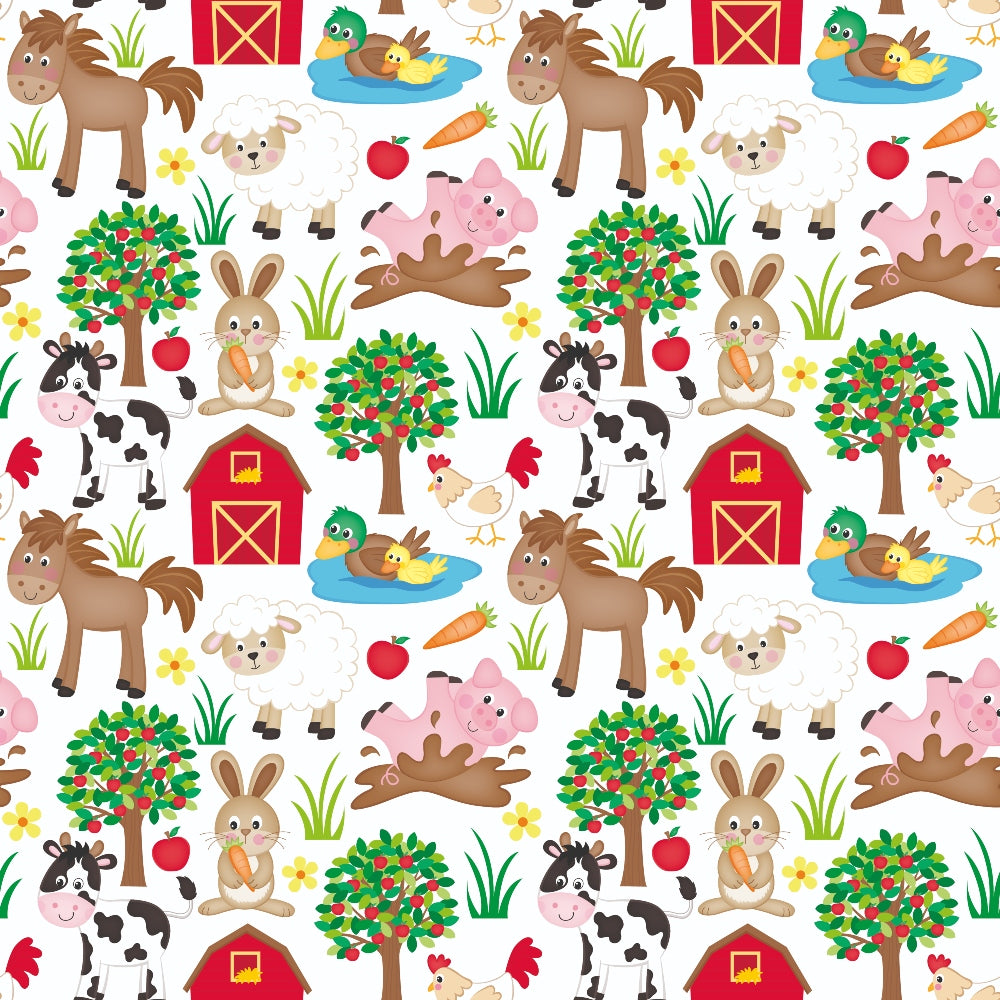 Seamless pattern of farm animals and elements: horse, sheep, duck in pond, pig, rabbit, cow, chicken, barn, apple tree, flowers, and carrots on a white background.