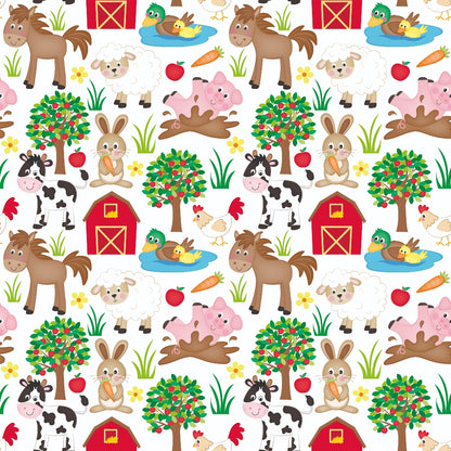 Seamless pattern of farm animals and elements: horse, sheep, duck in pond, pig, rabbit, cow, chicken, barn, apple tree, flowers, and carrots on a white background.