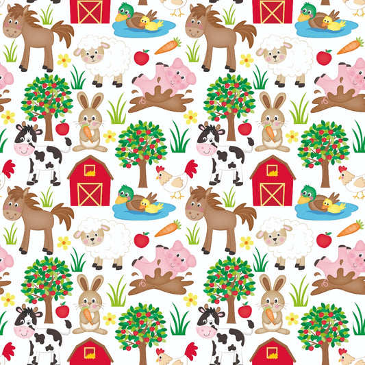 Seamless pattern of farm animals and elements: horse, sheep, duck in pond, pig, rabbit, cow, chicken, barn, apple tree, flowers, and carrots on a white background.