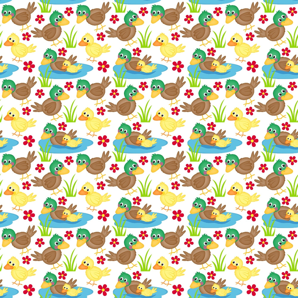 Pattern of cartoon ducks, ducklings, and reeds on water with red flowers, repeated across a white background.