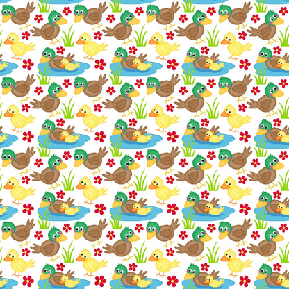 Pattern of cartoon ducks, ducklings, and reeds on water with red flowers, repeated across a white background.