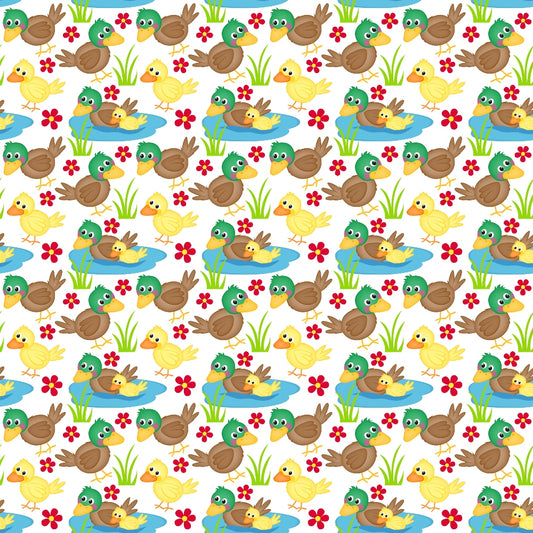 Pattern of cartoon ducks, ducklings, and reeds on water with red flowers, repeated across a white background.