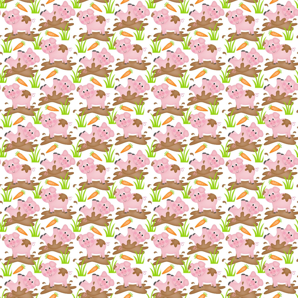 Pattern with pink and brown pigs among green grass and brown mud patches on a light background.