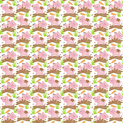 Pattern with pink and brown pigs among green grass and brown mud patches on a light background.