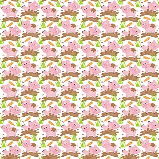 Pattern with pink and brown pigs among green grass and brown mud patches on a light background.