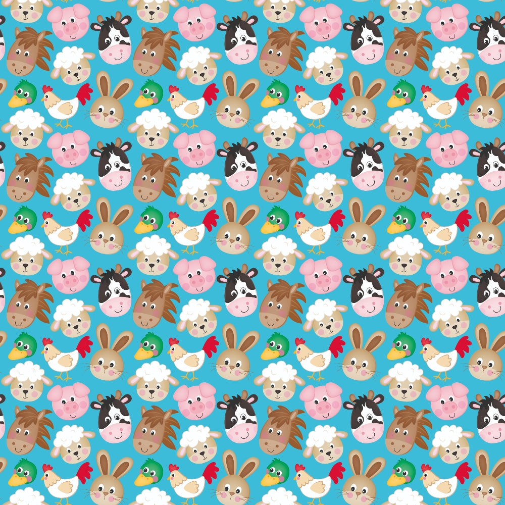 Pattern of smiling cartoon animals, including pigs, sheep, cows, roosters, horses, bunnies, and frogs, on a blue background.