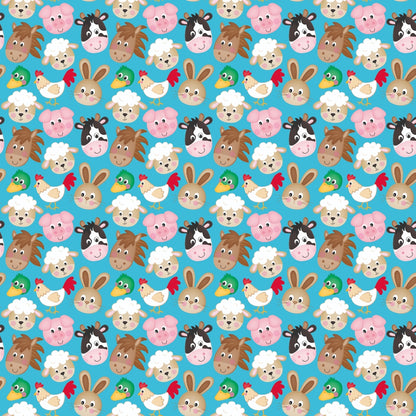 Pattern of smiling cartoon animals, including pigs, sheep, cows, roosters, horses, bunnies, and frogs, on a blue background.