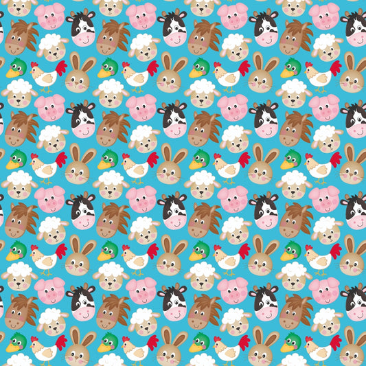 Pattern of smiling cartoon animals, including pigs, sheep, cows, roosters, horses, bunnies, and frogs, on a blue background.