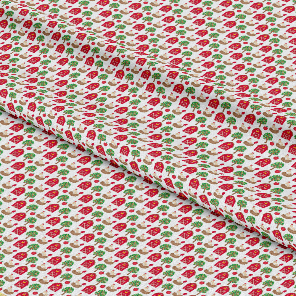 - Cartoon Farm Animals Pattern 3 Quilting Cotton Fabric  
- White background  
- Red barns  
- Brown animals  
- Green trees  
- Quilting cotton material  
- Farm-themed design  
- Playful countryside elements  
- Repeated farm icons  
- Soft quilting fabric  
- Cotton textile for crafts
