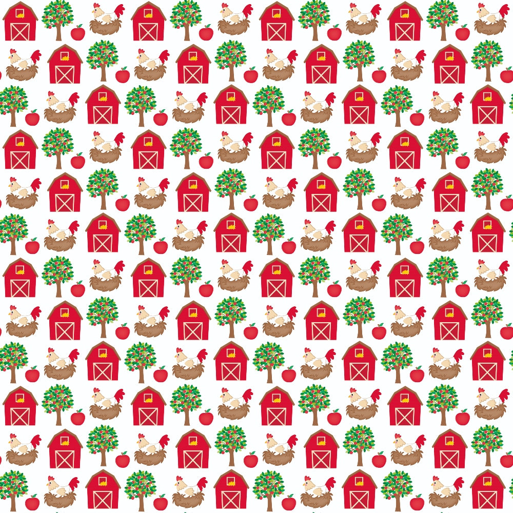 Pattern of red barns, chickens, trees, and hay bales arranged in a grid.