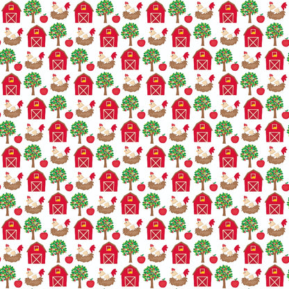 Pattern of red barns, chickens, trees, and hay bales arranged in a grid.